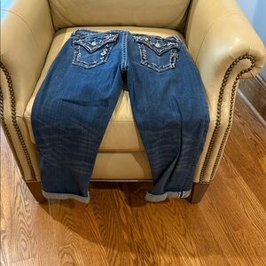 Miss Me Dark Blue Crop Jeans with Embellished Pockets